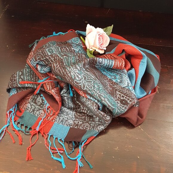 Blue & Red Striped Pashmina Shoulder Wrap with Silver Accents Pashmina & Silk - Picture 2 of 8